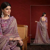 Sophisticated Mauve Crush Paper Silk Saree with Rangkat Embroidered Stitched Blouse