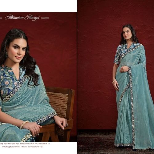 Elegant Sea Green Crush Paper Silk Saree with Rangkat Embroidered Stitched Blouse