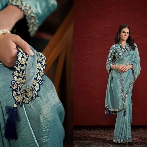 Elegant Sea Green Crush Paper Silk Saree with Rangkat Embroidered Stitched Blouse