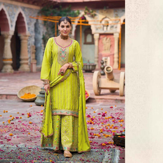 Regal Lime Green Heavy Chinnon Embroidered Palazzo Suit