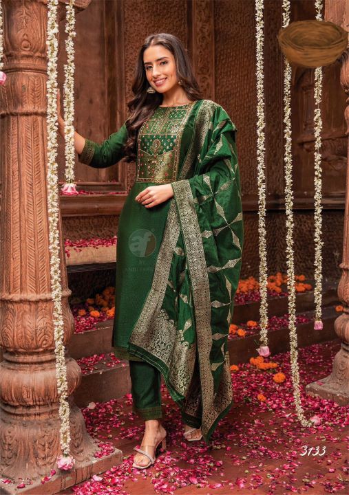 Regal Green Handwork Embroidered Suit with Jacquard Dupatta