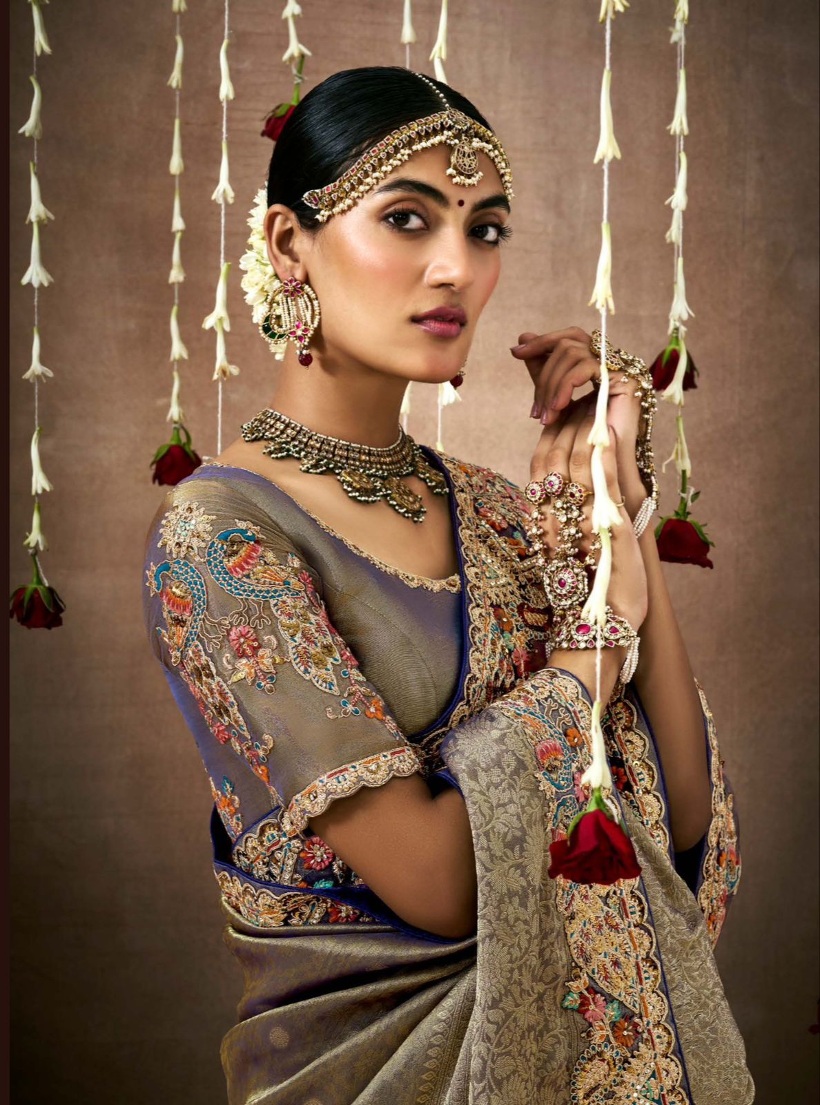 Elegant Grey Silk Saree with Intricate Embroidery