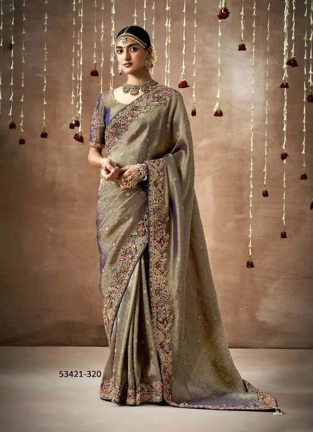 Elegant Grey Silk Saree with Intricate Embroidery