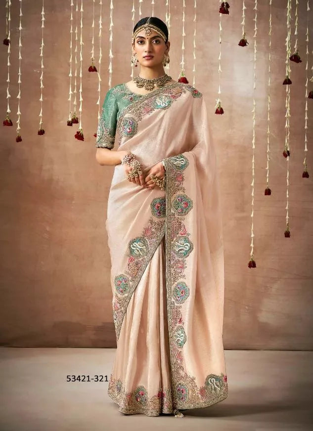 Beige Organza Silk Saree with Exquisite Embroidery and Stone Work