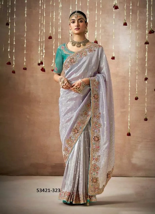 Silver Grey Organza Silk Saree with Exquisite Floral Embroidery