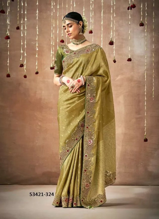 Olive Green Organza Silk Saree with Exquisite Floral Embroidery