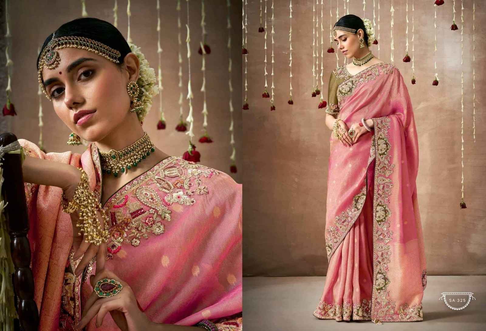 Regal Rose Pink Tissue Dola Silk Saree