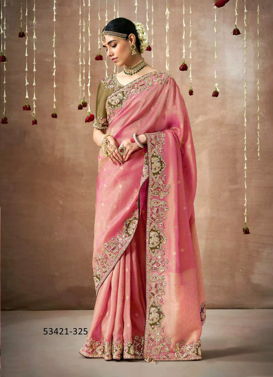 Regal Rose Pink Tissue Dola Silk Saree