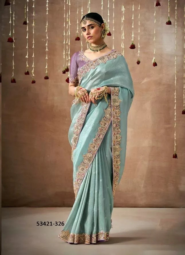 Light Blue Organza Silk Saree with Exquisite Embroidery