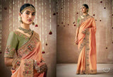 Royal Peach & Olive Green Tissue Dola Silk Saree