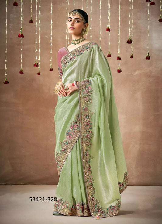 Light Green Organza Silk Saree with Embroidery