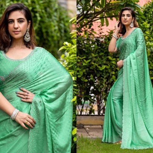 Elegant Green Pure Satin Chiffon Handwork Saree