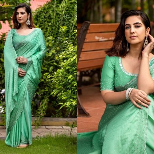 Elegant Green Pure Satin Chiffon Handwork Saree