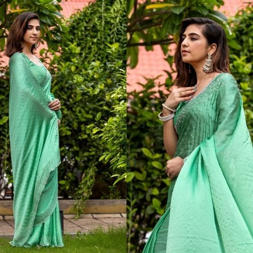 Elegant Green Pure Satin Chiffon Handwork Saree