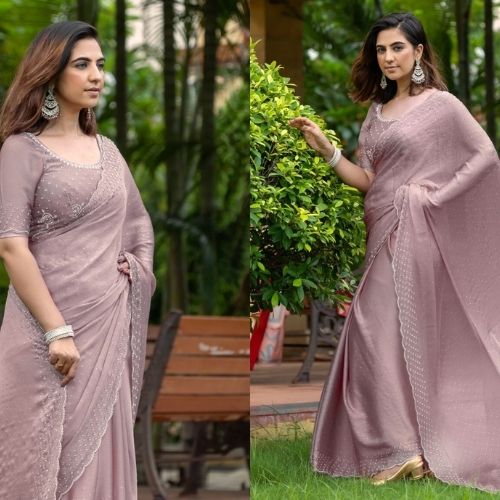 Timeless Mauve Pure Satin Chiffon Handwork Saree