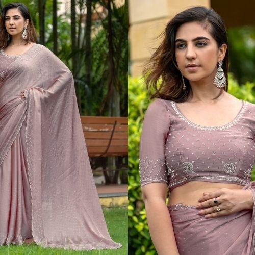 Timeless Mauve Pure Satin Chiffon Handwork Saree