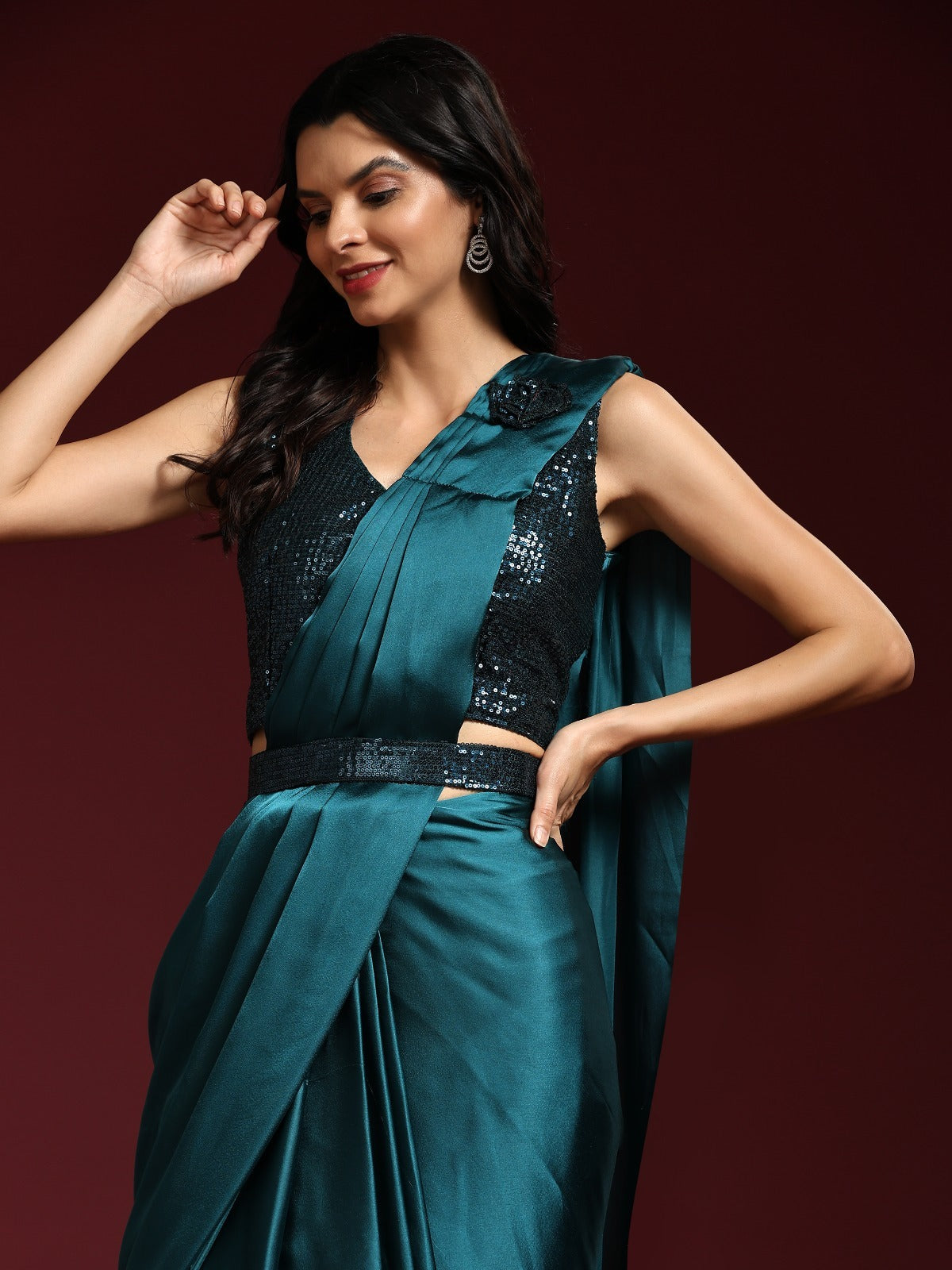 Elegant Imported Satin Saree with Sequin Work Blouse & Designer Belt (Peacock Blue)