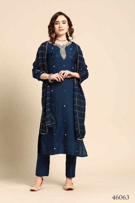 Navy Blue Muslin Embroidered Straight Kurta Set with Organza Dupatta