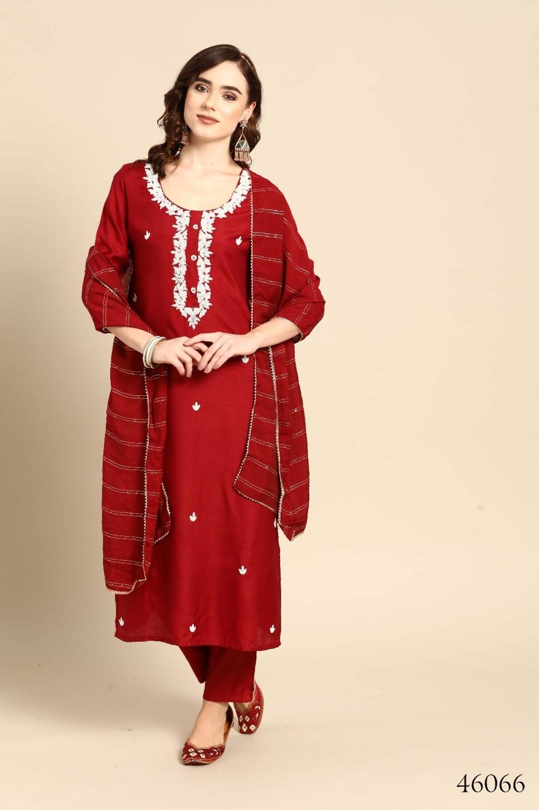 Elegant Maroon Muslin Embroidered Kurta Set with Organza Dupatta