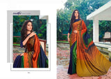 Peacock-Inspired Multicolor Satin Silk Saree with Hand Print & Stone Work