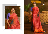 Elegant Red Satin Silk Saree with Hand-Printed Peacock Feather Design & Stone Diamond Work