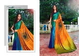 Elegant Green & Orange Satin Silk Saree with Hand-Printed Peacock Feather & Stone Diamond Work