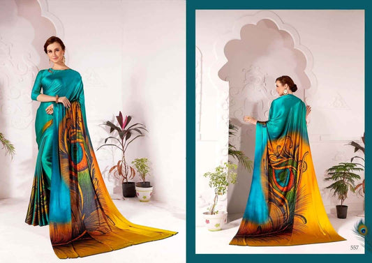 Elegant Teal & Golden Satin Silk Saree with Hand-Painted Peacock Feather & Stone Diamond Work