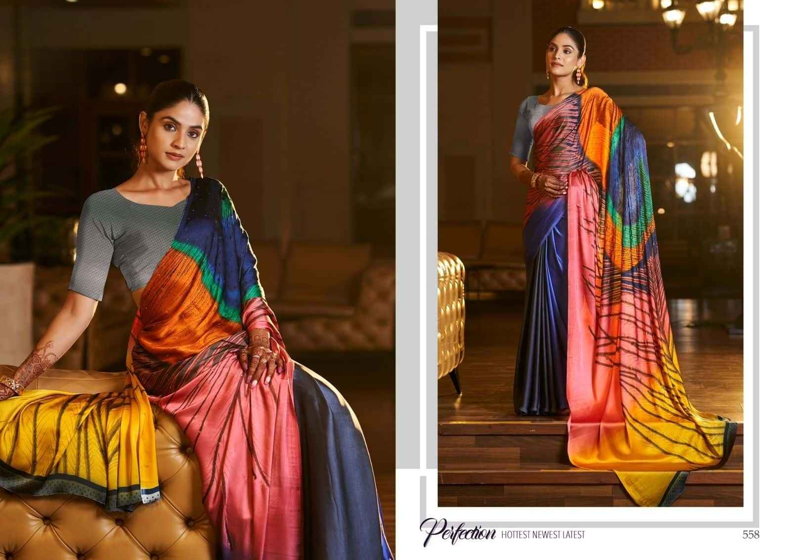 Multicolor Satin Silk Saree with Hand-Painted Peacock Feather & Stone Diamond Work