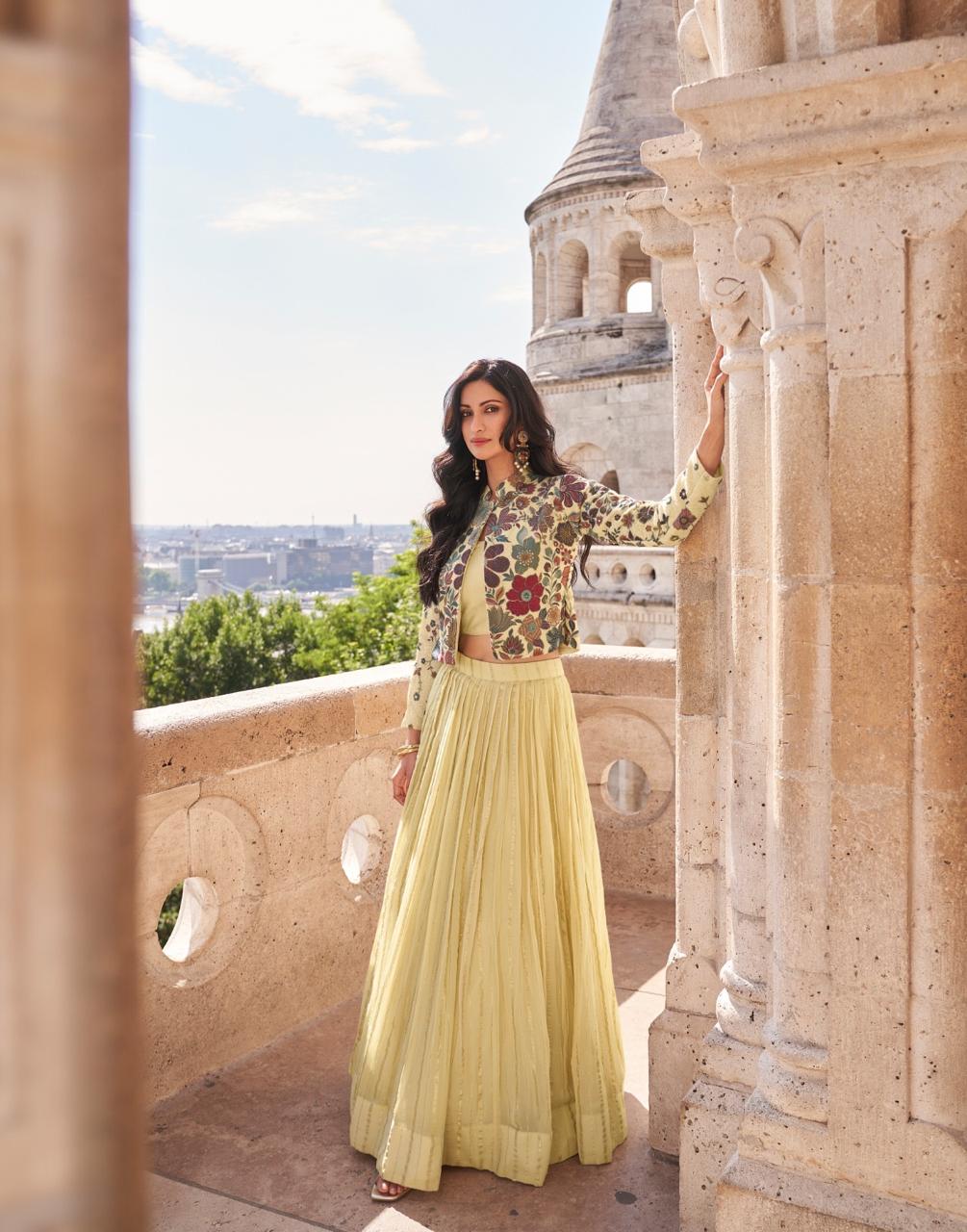 Elegant Viscose Chinon Silk Embroidered Skirt Set – Pastel Yellow