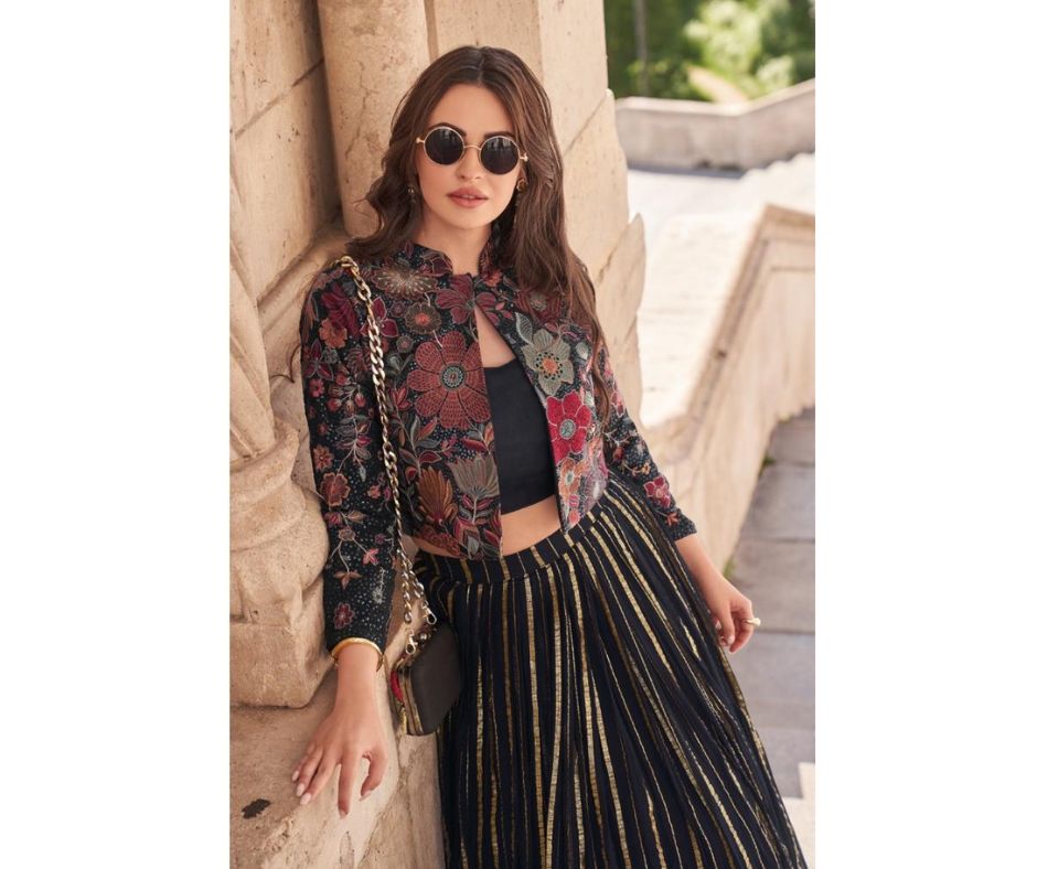 Luxe Black & Gold Viscose Chinon Silk Embroidered Skirt Set