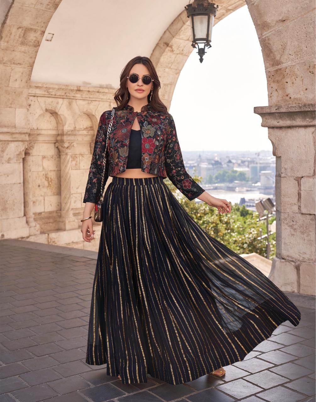 Luxe Black & Gold Viscose Chinon Silk Embroidered Skirt Set