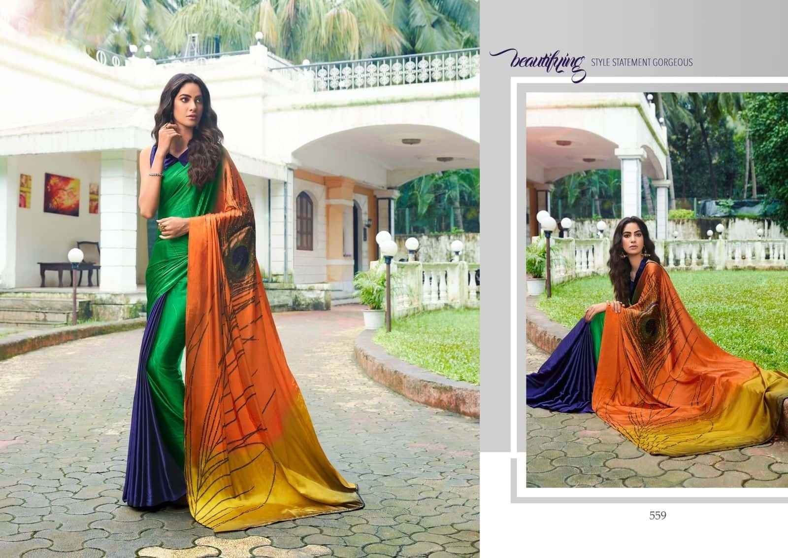 Green & Multicolor Satin Silk Saree with Hand-Painted Peacock Feather & Stone Diamond Work