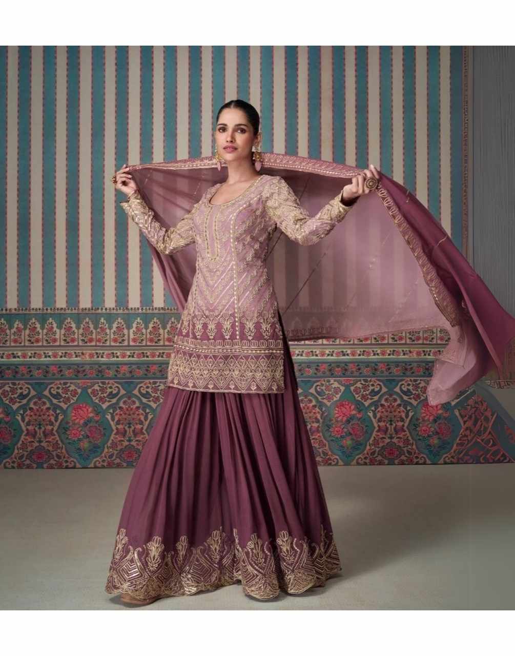 Elegant Mauve Georgette Embroidered Sharara Set