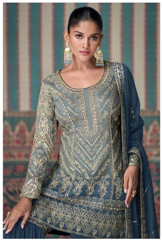 Royal Blue Embroidered Georgette Sharara Set