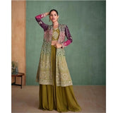 Olive Green and Wine Embroidered Indo-Western Georgette Dress with Shrug and Palazzo