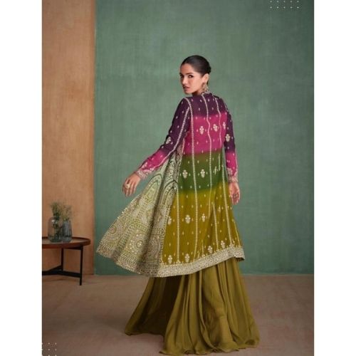 Olive Green and Wine Embroidered Indo-Western Georgette Dress with Shrug and Palazzo