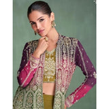 Olive Green and Wine Embroidered Indo-Western Georgette Dress with Shrug and Palazzo