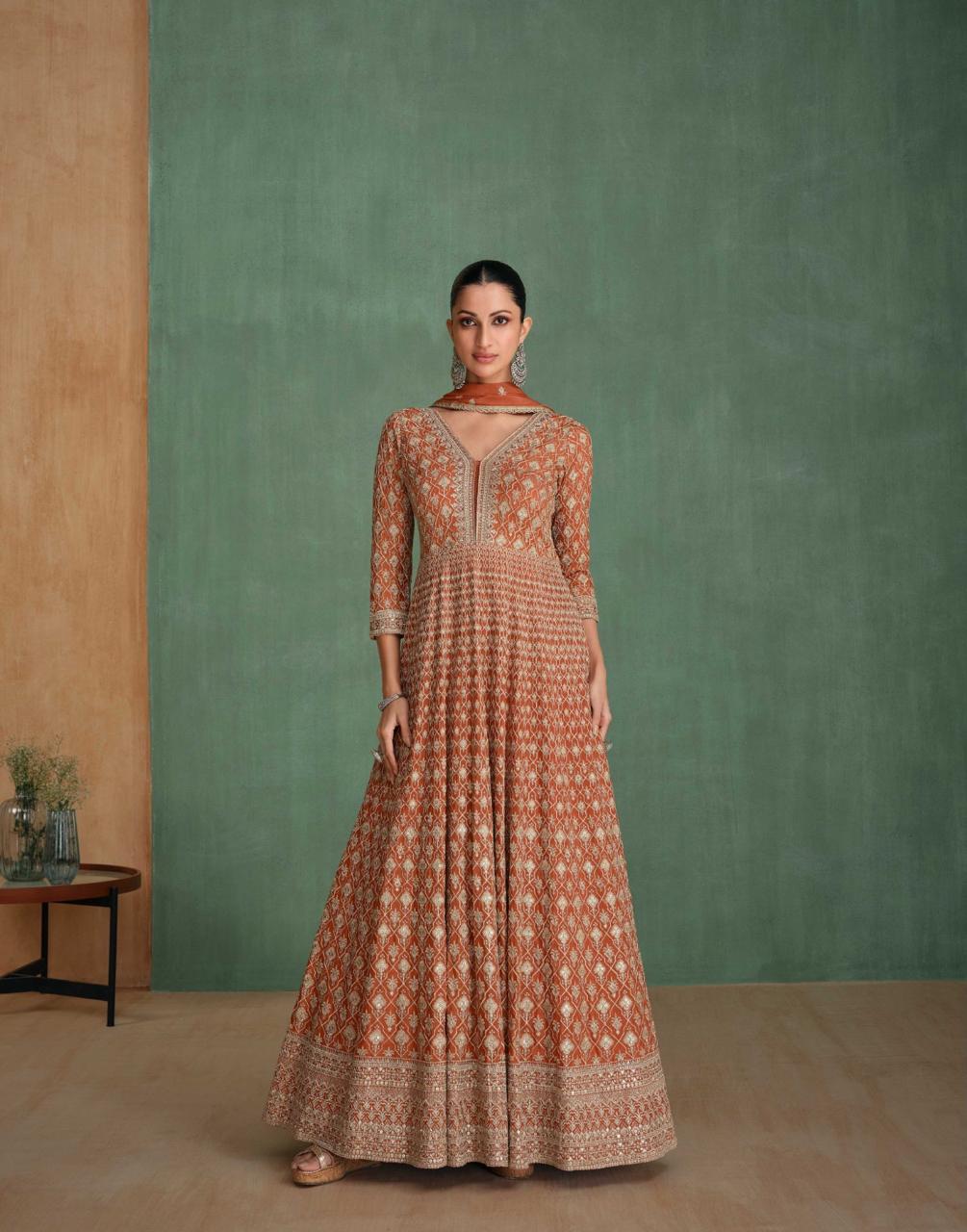 Luxe Rust Georgette Gown with Swarovski Diamond Embroidery and Dupatta