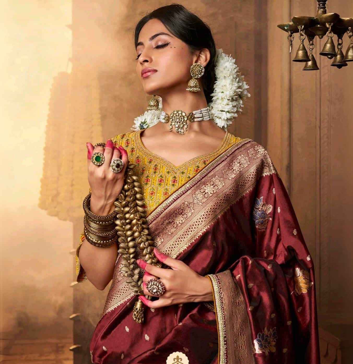 Royal Maroon Pure Silk Weaving Saree with Contrast Embroidered Blouse