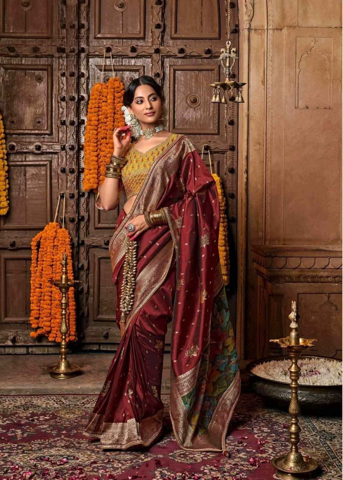 Royal Maroon Pure Silk Weaving Saree with Contrast Embroidered Blouse