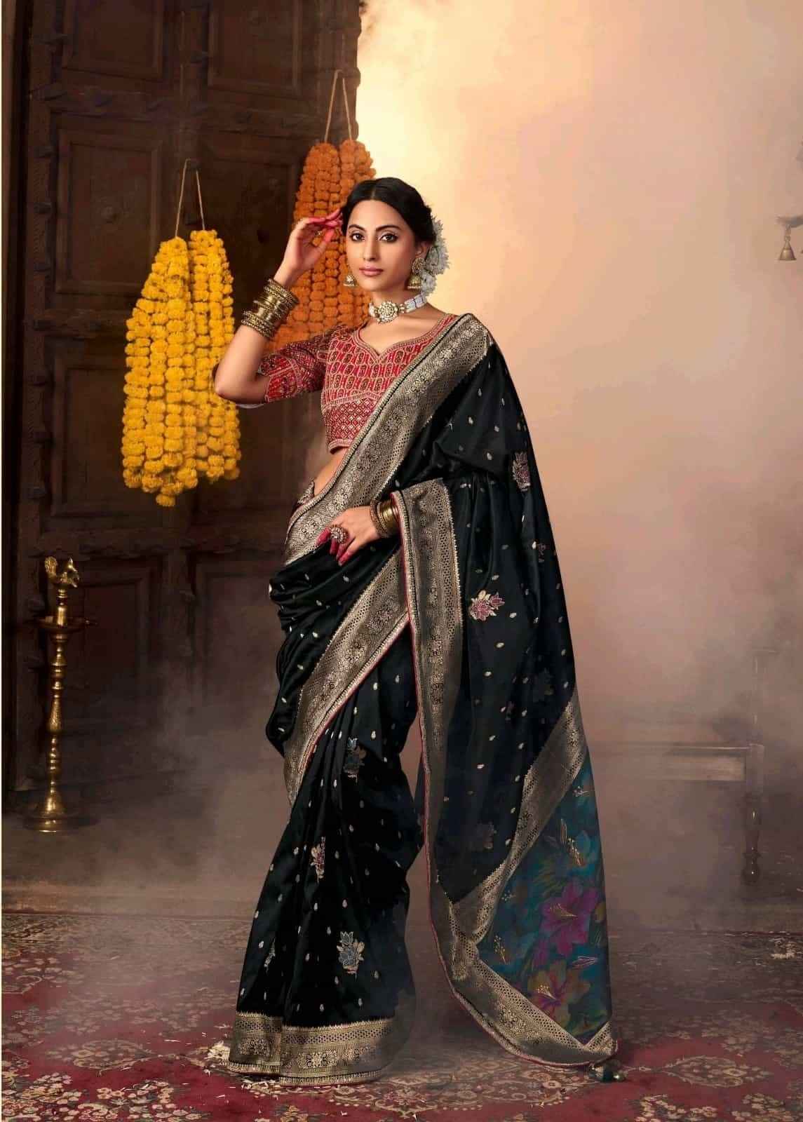 Majestic Black Pure Silk Weaving Saree with Contrast Embroidered Blouse