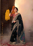 Majestic Black Pure Silk Weaving Saree with Contrast Embroidered Blouse