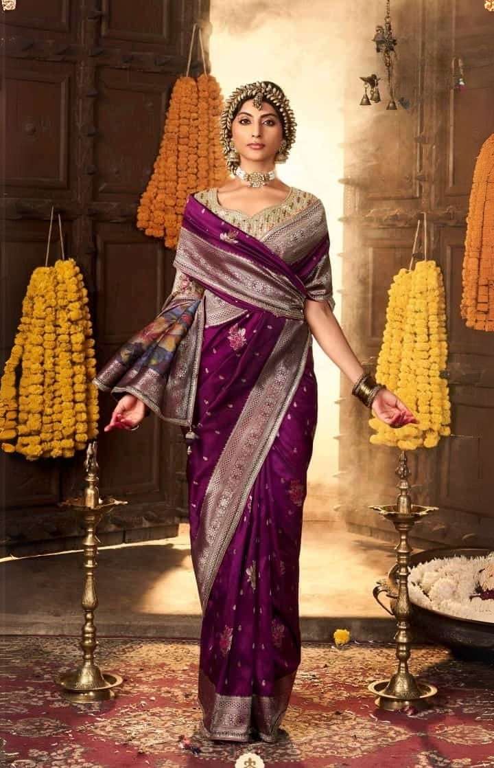 Regal Purple Pure Silk Weaving Saree with Contrast Embroidered Blouse