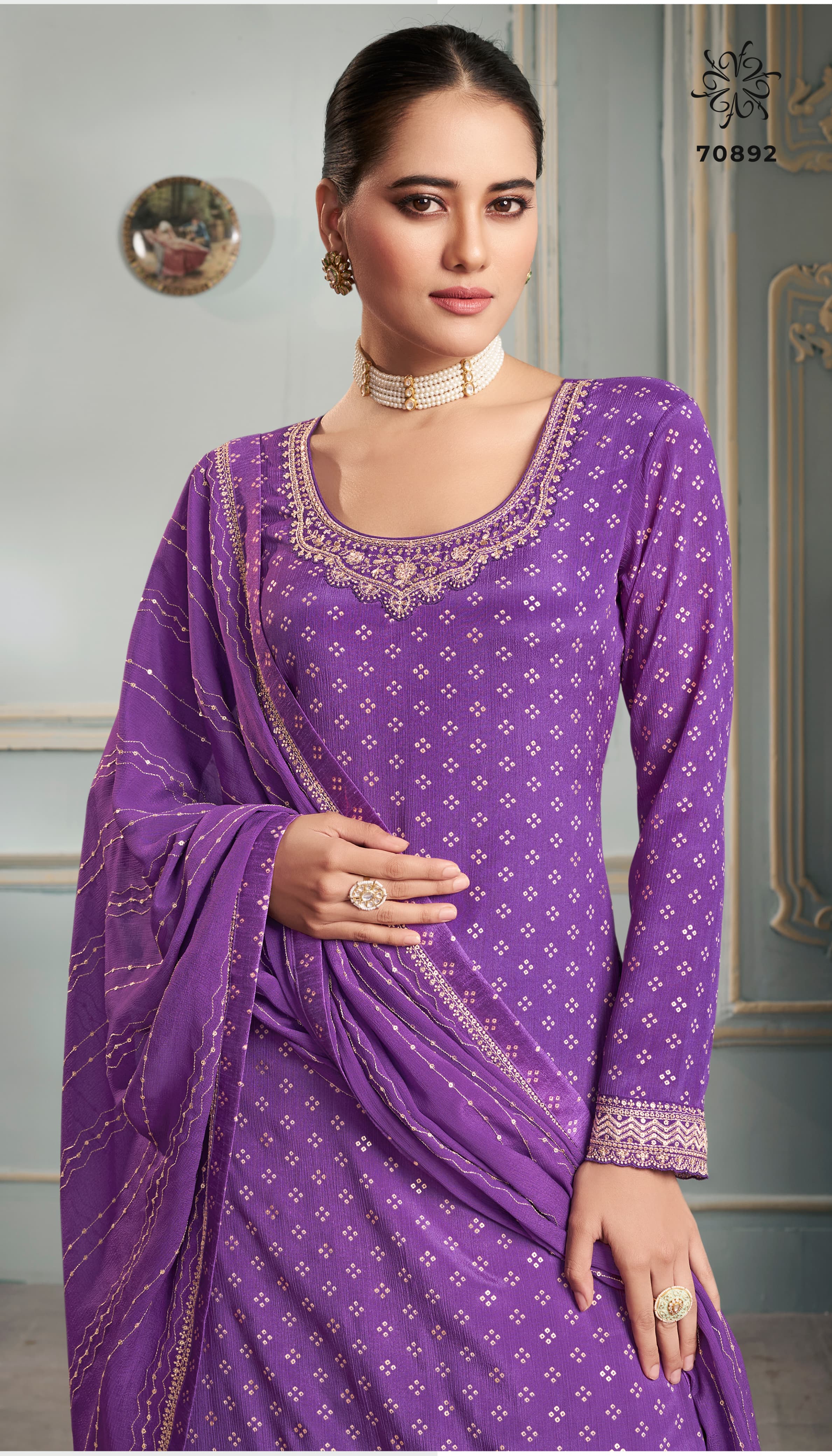 Purple Enbroidered Chinnon Suit