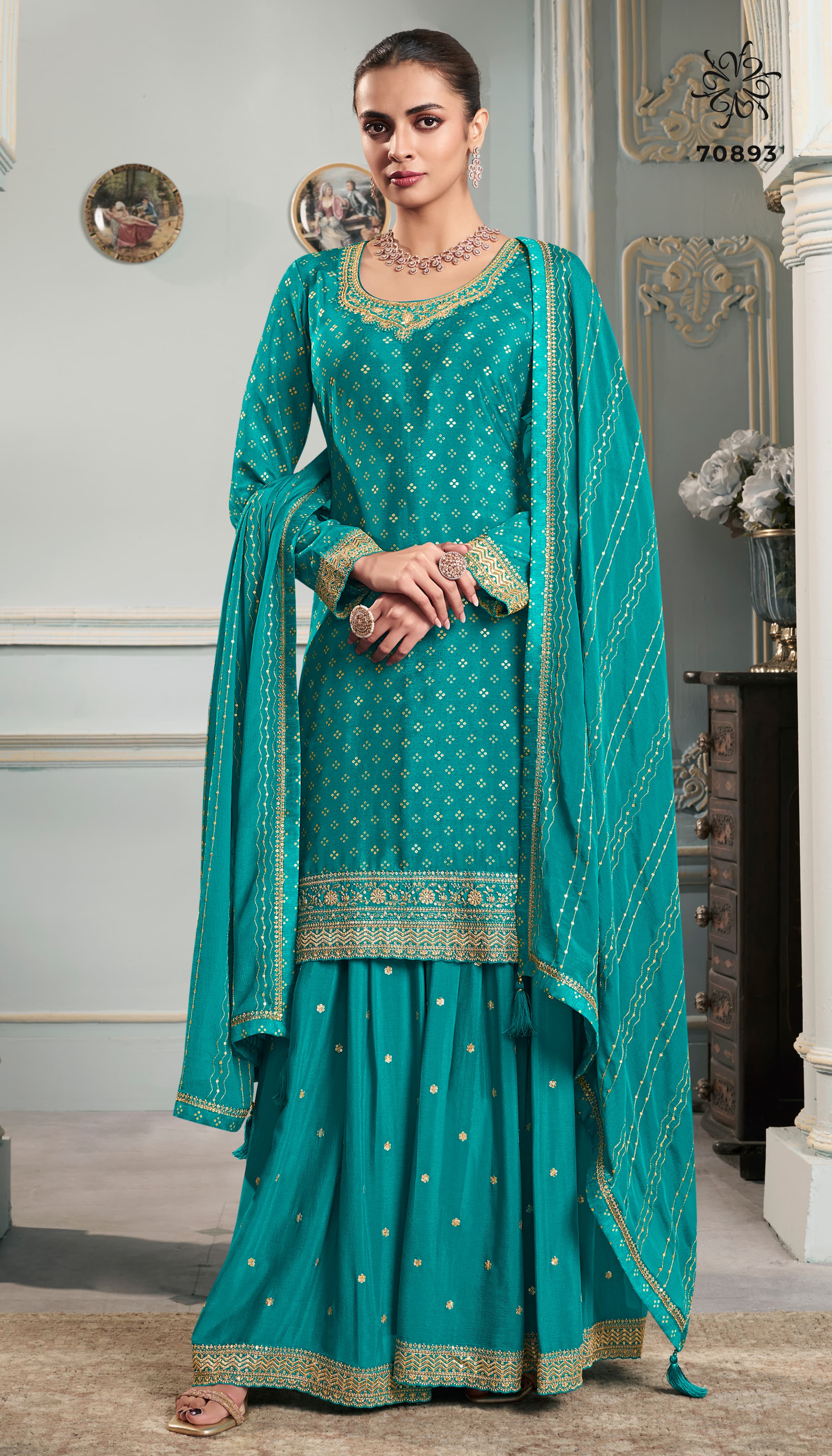 Green Embroidered Chinnon Suit