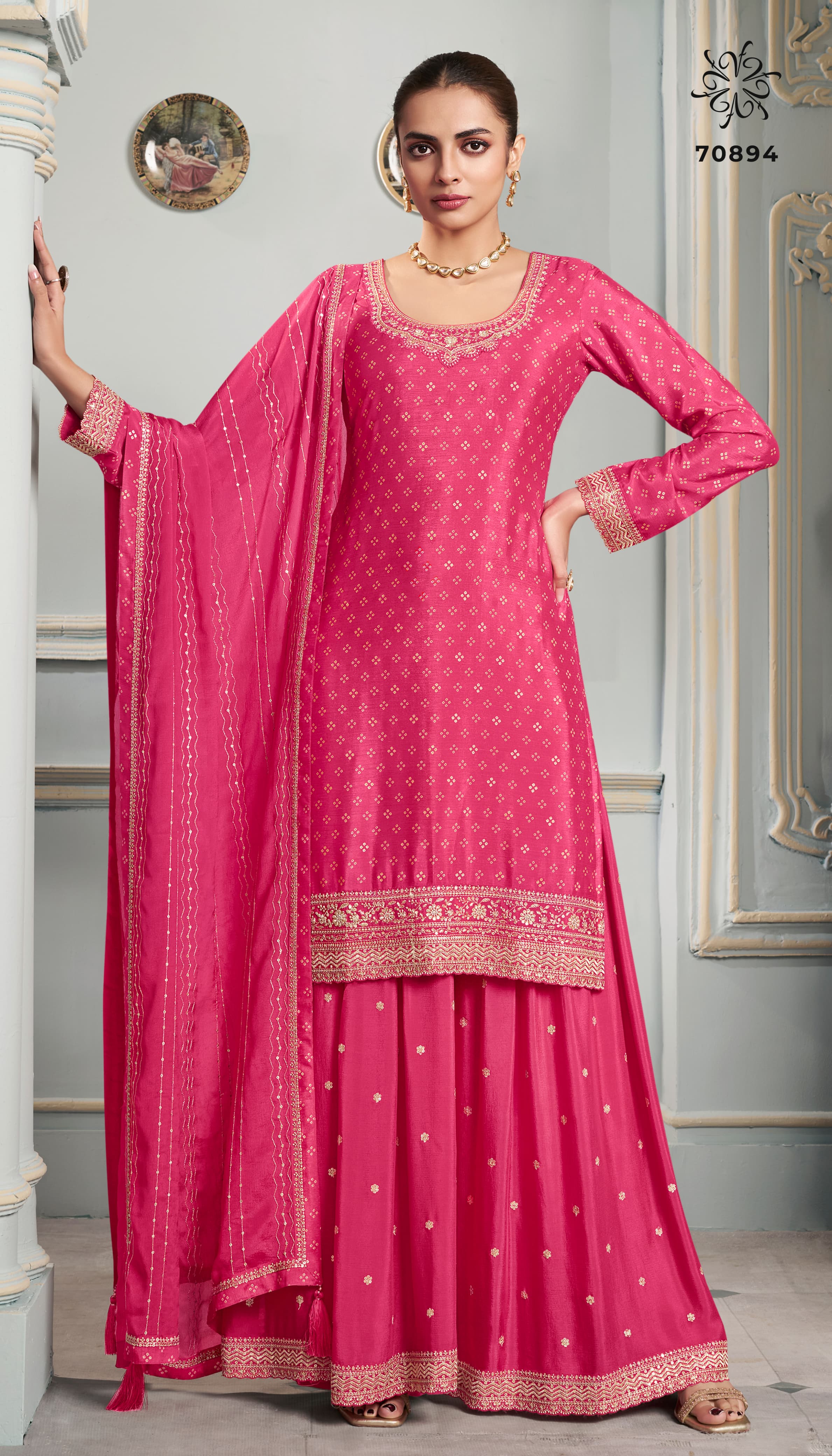 Reddish Pink Embroidered Chinnon Suit