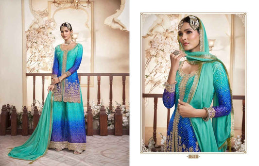 Elegant Aqua Blue & Royal Blue Chinon Silk Embroidered Palazzo Suit