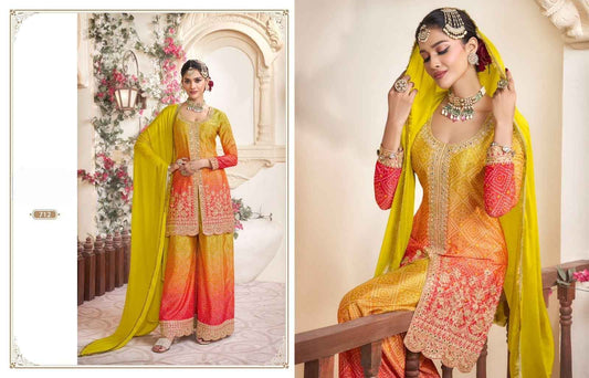 Sunrise Ombre Yellow & Red Chinon Silk Embroidered Palazzo Suit