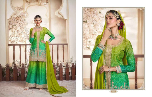 Lush Green Ombre Chinon Silk Embroidered Palazzo Suit