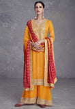 Exclusive Yellow Chinon Silk Embroidered Suit with Mirror Work and Bandhani Dupatta